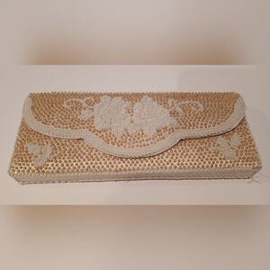 Vintage Elegant Beaded Clutch - Cream and Gold